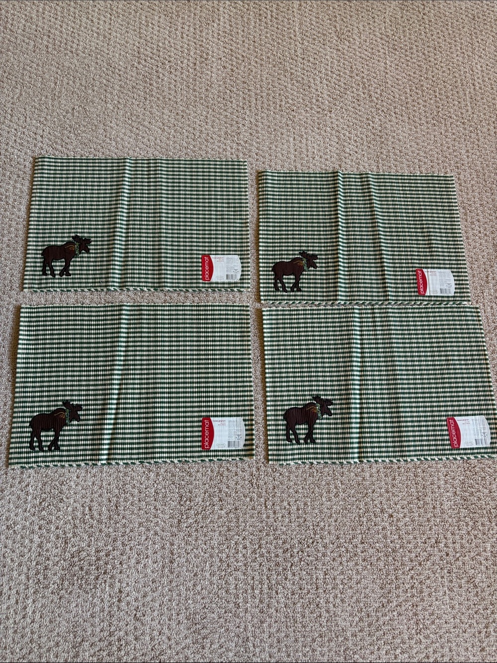 Green Check Moose Embroidered Holiday Placemat Set - 4 Pack